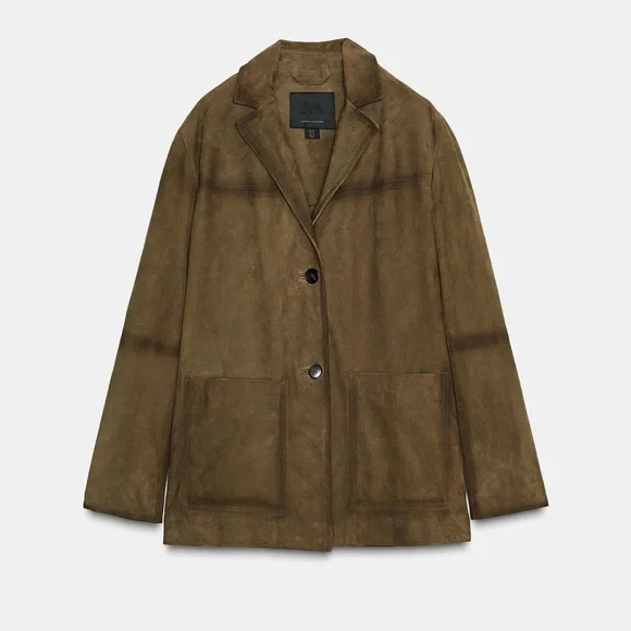 ZARA OVERSIZED BROWN TAN NATURAL LEATHER SUEDE BLAZER JACKET - Picture 3 of 9